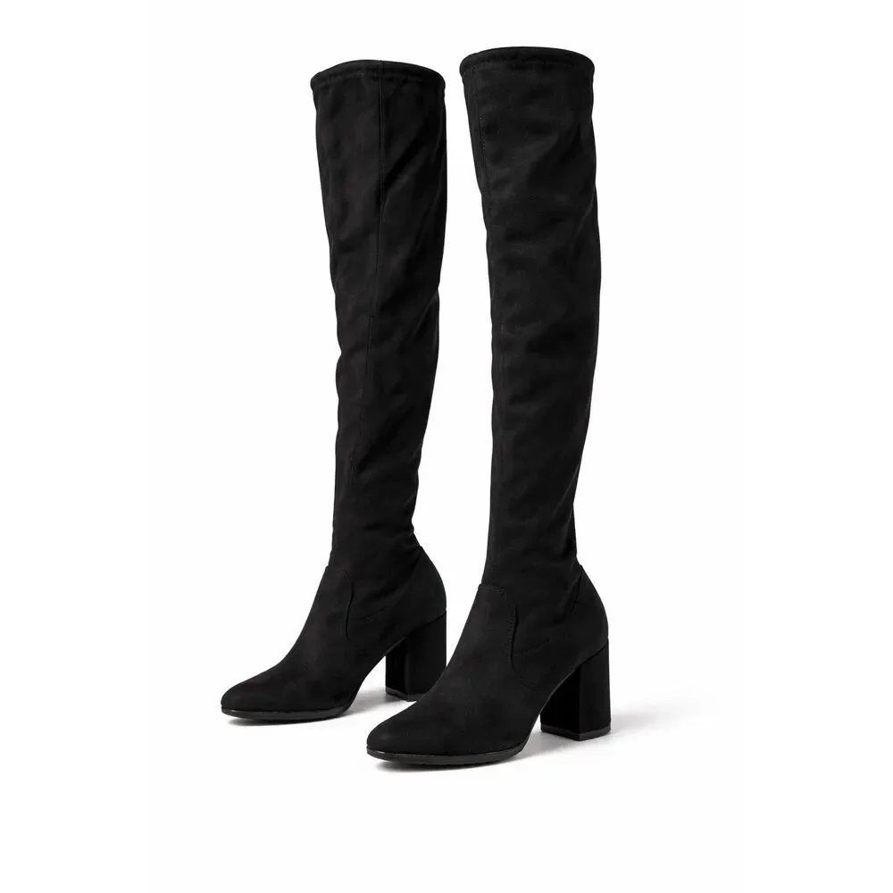 Black Velvet Over The Knee Boots Block Heel Size 7 New Sexy Chic OTK